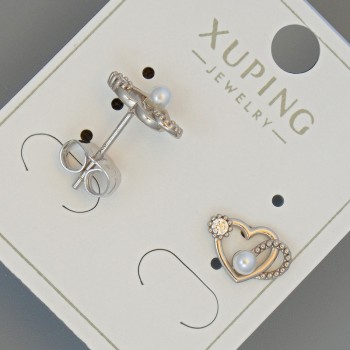 Aretes de botón «Corazón» Xuping con cristal blanco y cuenta, diámetro 11×7 mm, baño de rodio