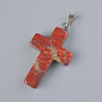 Colgante 'Cruz' de jaspe rojo, piedra natural, diámetro 25×18 mm ±, longitud 34 mm ±