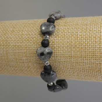Pulsera de labradorita con corazón, diámetro 12 mm ±, bolitas de shungita de 6 mm ±, con incrustaciones metálicas, longitud 18 cm, elástica