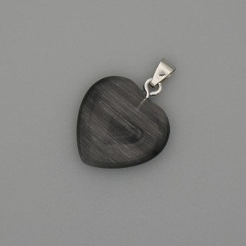 Colgante 'Corazón' gris oscuro de ojo de gato, metal plateado, diámetro 20x20 mm +-, longitud 30 mm+-