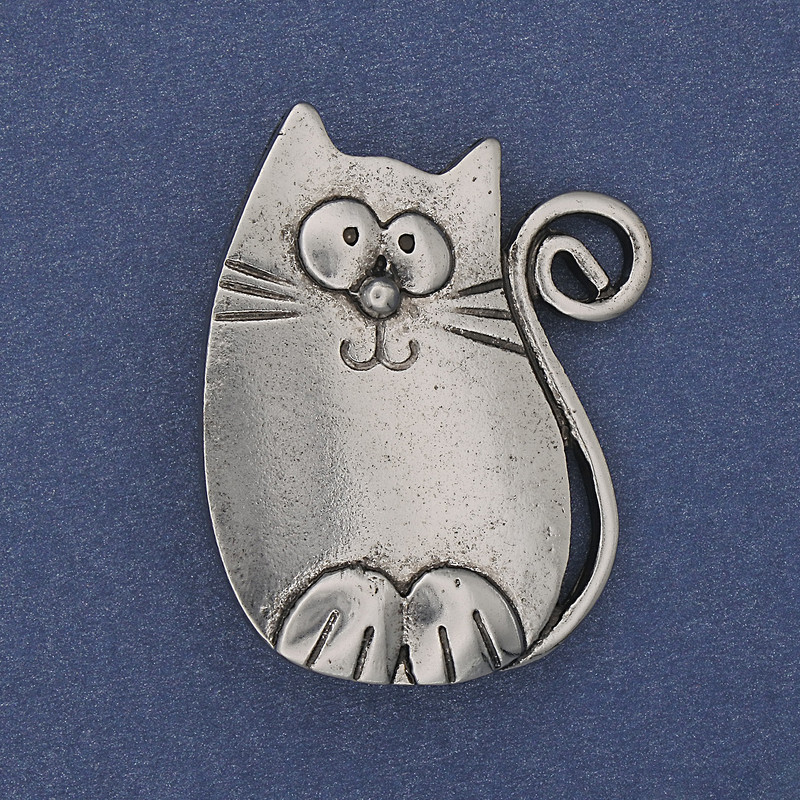 Broche-pendiente Gato, metal plateado, 37x29 mm+