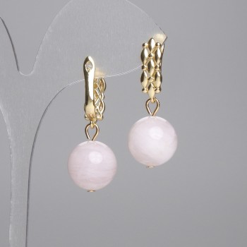 Pendientes de cuarzo rosa de Madagascar, bolas lisas de 14 mm ±, longitud 34 mm ±