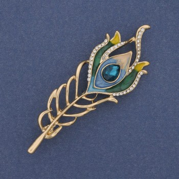 Broche pluma con esmalte y strass en metal dorado 72×24 mm +