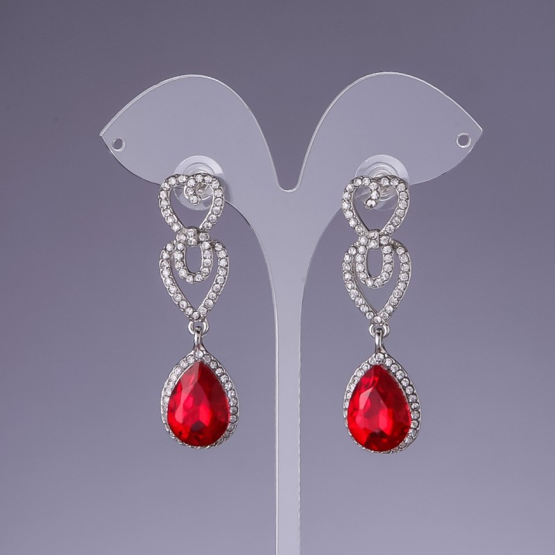 Pendientes con cristales rojos, longitud 5,5 cm, metal gris