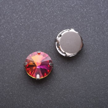 Precio por empaque / 10 piezas. Cristal de coser Rivoli con patilla redonda de 13 mm, color frambuesa-amarillo