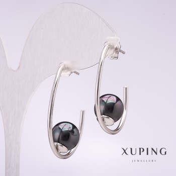 Pendientes Xuping con gancho y perla negra Mallorca, 33x10 mm, recubrimiento de rodio