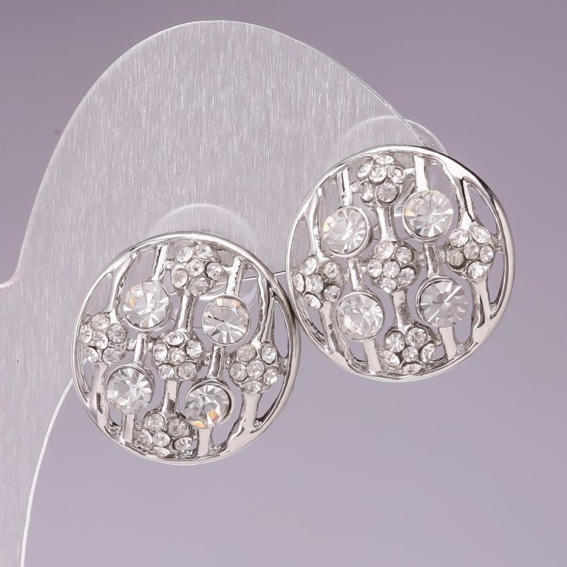 Pendientes tipo botón, círculo con strass blancos, metal con acabado plateado, 2 cm