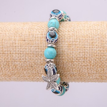 Pulsera amuleto de turquesa con ojos azules en goma elástica, diámetro 10(±) mm, longitud 18 cm, con incrustaciones y colgante Estrella de mar