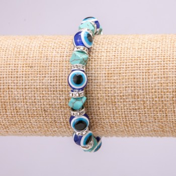 Pulsera amuleto de turquesa con ojos azules en elástico, diámetro 10(±)mm, longitud 18 cm con inserciones y strass