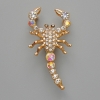 Broche-pendiente de Escorpio con cristales blancos y cristales camaleón, metal dorado 28x54 mm